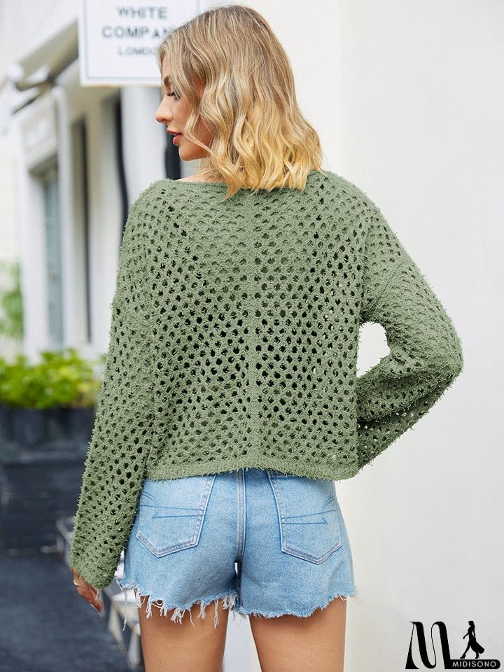 MidiSono - Round Neck Openwork Dropped Shoulder Knit Top
