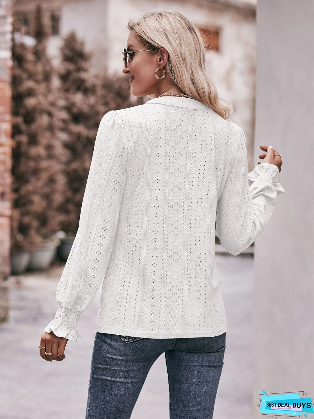 Eyelet Notched Neck Flounce Sleeve Blouse