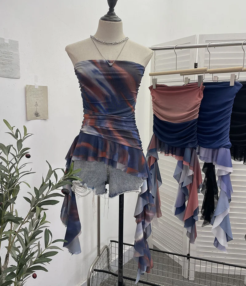 Uveng Irregular Bra Vest Wearing A Gradient Mesh Yarn Leaf Side Ribbon Bottom Sleeveless Top Lady 9931