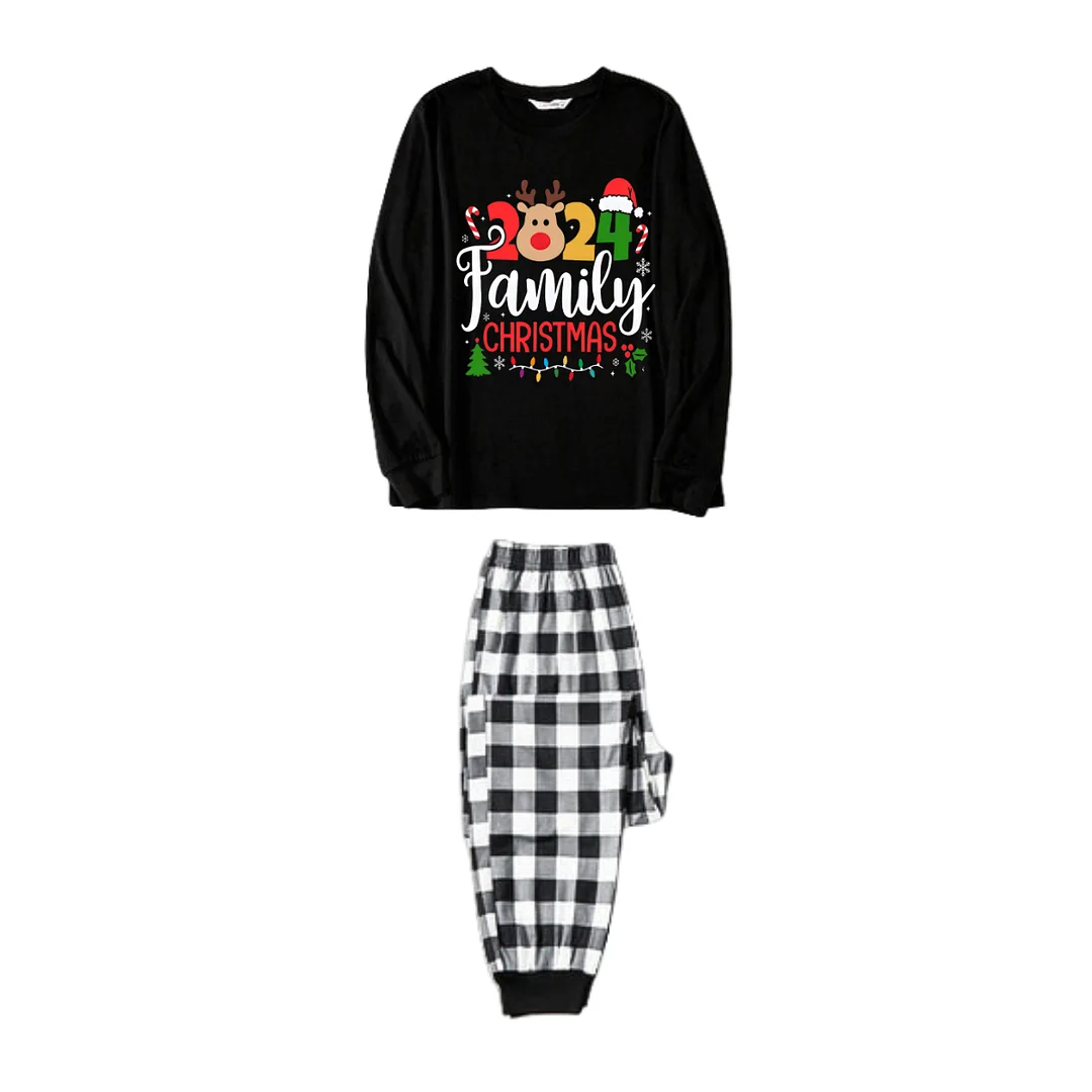 "Family Christmas 2024" Text and Deer Prints Black Long Sleeve Top with Black And White Plaid Pants Family Matching Pajamas