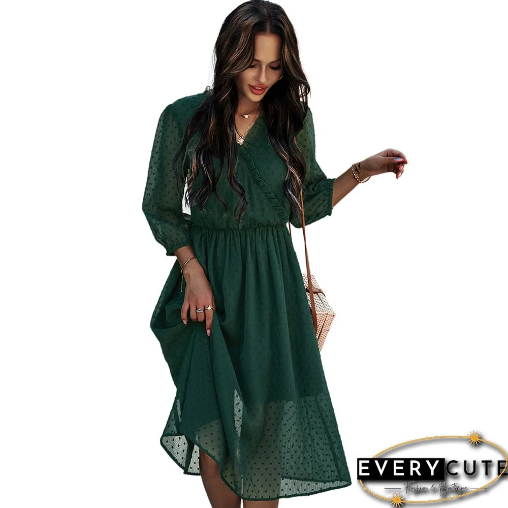 Green V Neck 3/4 Sleeve Slim Waist Chiffon Dress