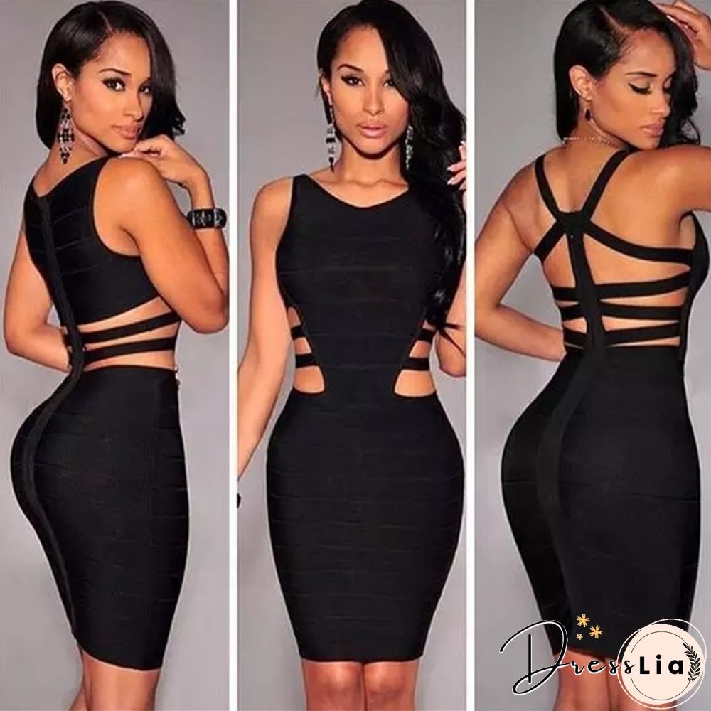 Party Women Dress Bandage Black Sexy Empire Hollow Out V-Neck Sleeveless Ladies Elegant Fashion Bodycon Dresses Vestidos Summer