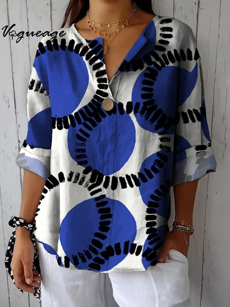 Fashionable And Simple Big Dots Printed Cotton And Linen Shirt