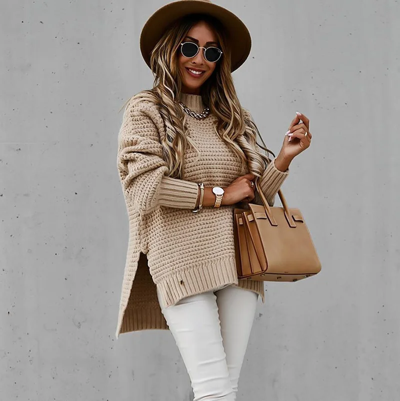 Athvotar Athvotar Autumn And Winter Half-High Collar Loose Solid Color Long-Sleeved Thick Needle Side Fork Knitting Sweater Woman