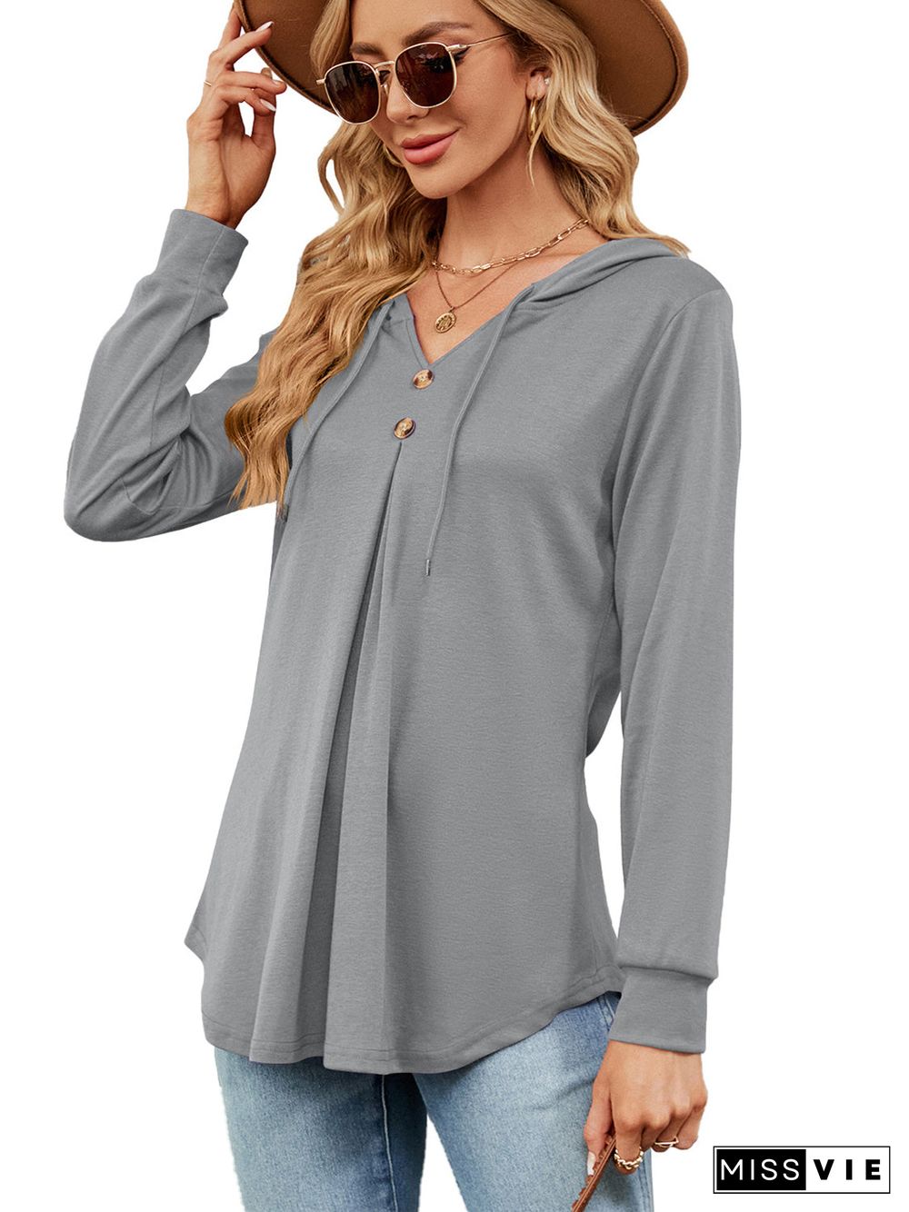 Women's Button V-Neck Long Sleeved Top