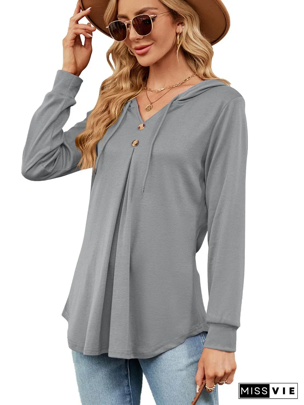 Women's Button V-Neck Long Sleeved Top