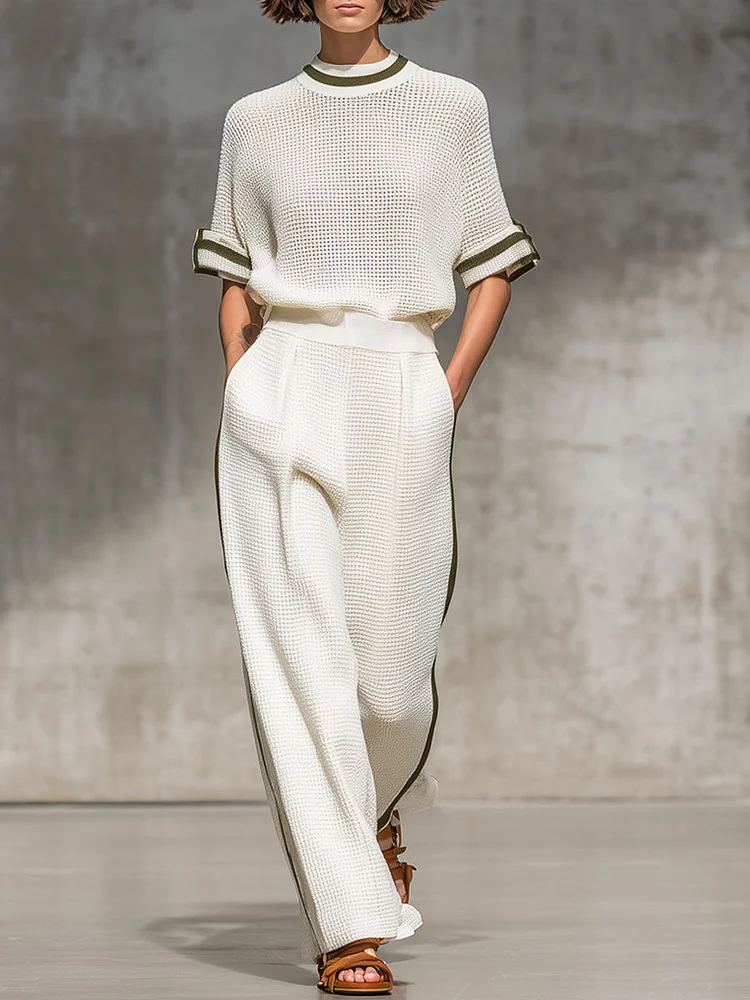 【24-hour shipping out】Vintage-Trimmed White Knitted Mesh Short-Sleeved Shirt And Wide-Leg Pants Set