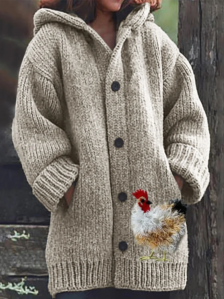 VChics Fuzzy Chicken Embroidery Cozy Hooded Cardigan