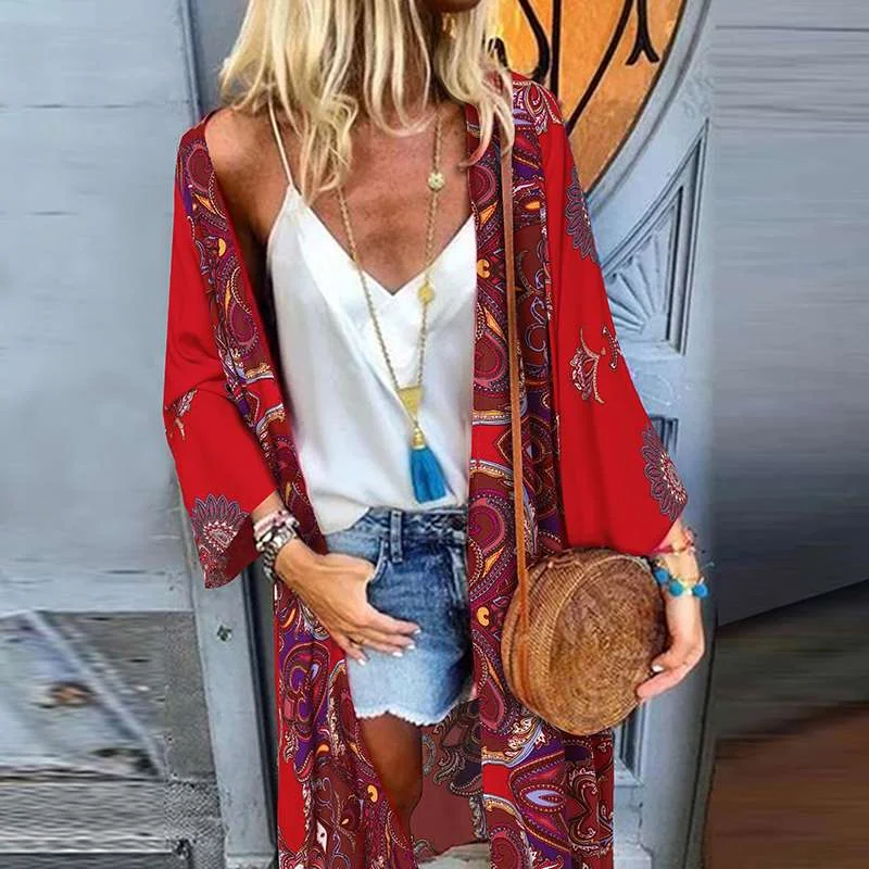 Summer Bohemian Beach Cardigan Women Long Sleeve Floral Blouse Casual Vocation Shirt ZANZEA Long Sleeve Open Front Retro Kimono
