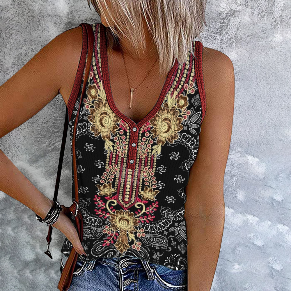 Comstylish Tribal Embroidered Collar Print Contrast Tank Top