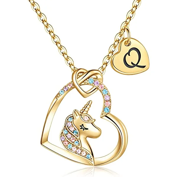 Hidepoo Valentines Day Gifts for Girls - Unicorn Gifts for Girls 14K Gold/White Gold/Rose Gold Plated Colorful CZ Heart Initial Unicorn Necklaces for Girls Jewelry Unicorn Birthday Gifts for Girls A. Gold