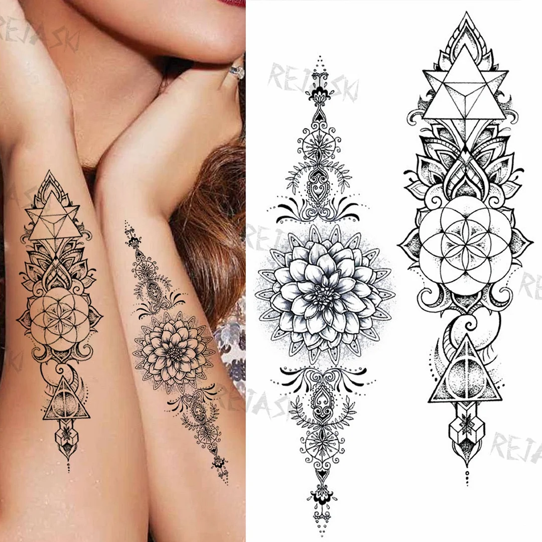 Mandala Flowers Temporary Tattoo For Women Black Henna Mehndi Tattoos Sticker Rose Lace Owl Fake Jewelry Tatoos Body Chest Back