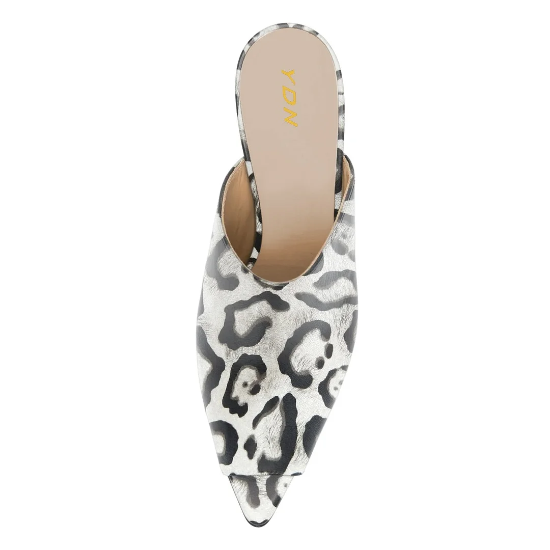 Fashion White & Black Peep Toe Slip On Leopard Print Heeled Mules