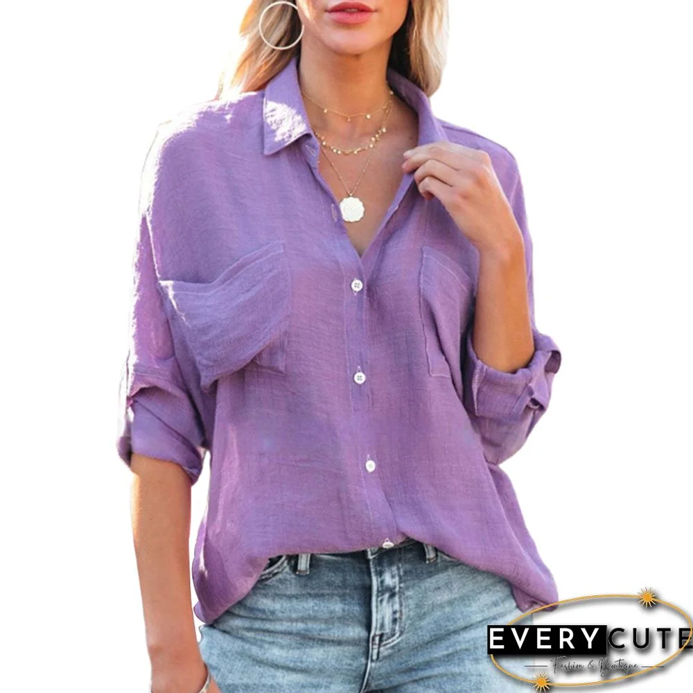 Purple Lapel Collar Pocket Button Shirt