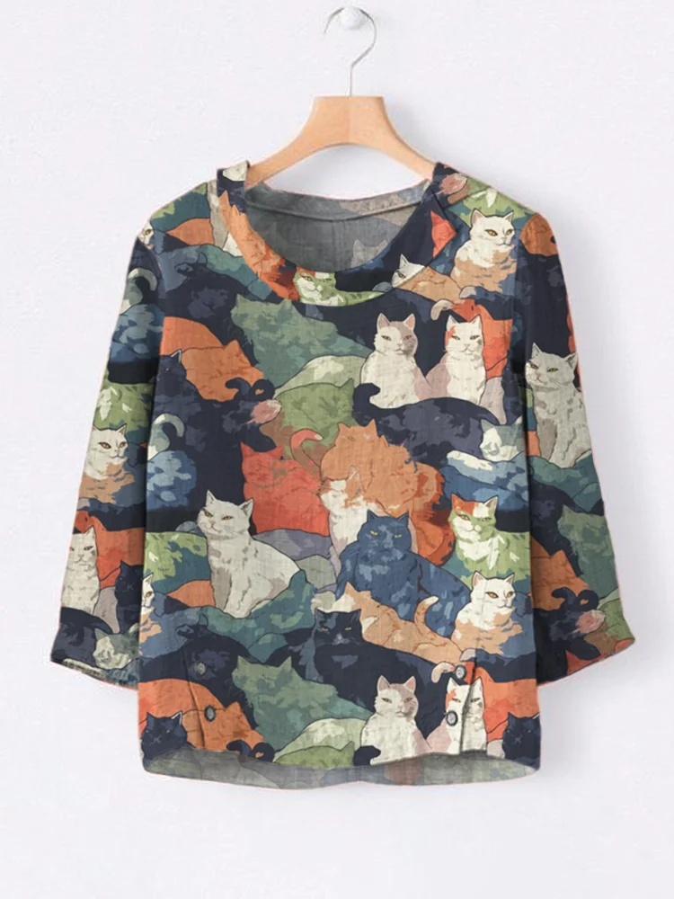 Wearshes Japanese Art Cat Print Linen Fold Over Neck Loose Top
