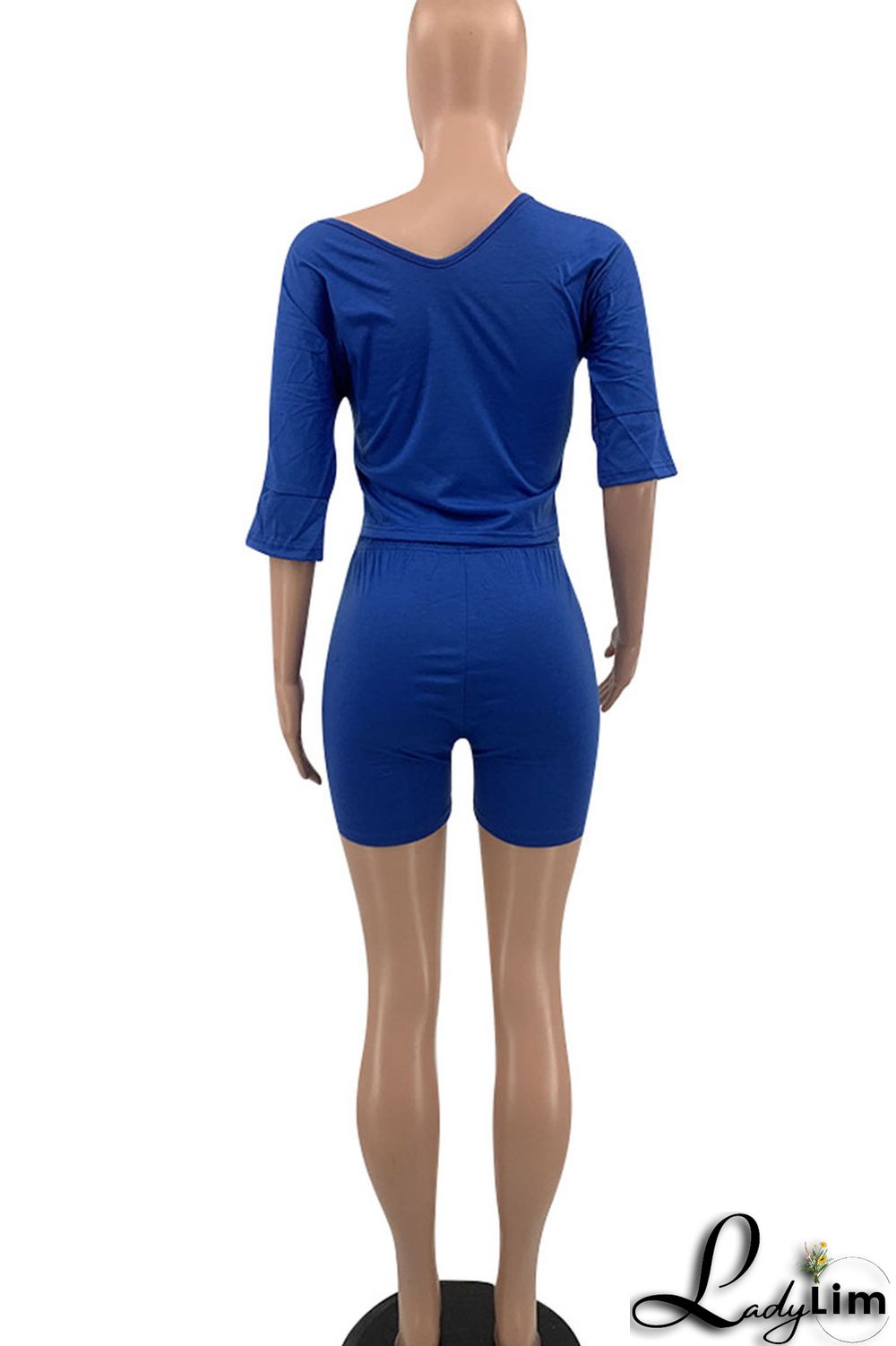 Blue Casual Print Patchwork V Neck Half Sleeve Two Pieces