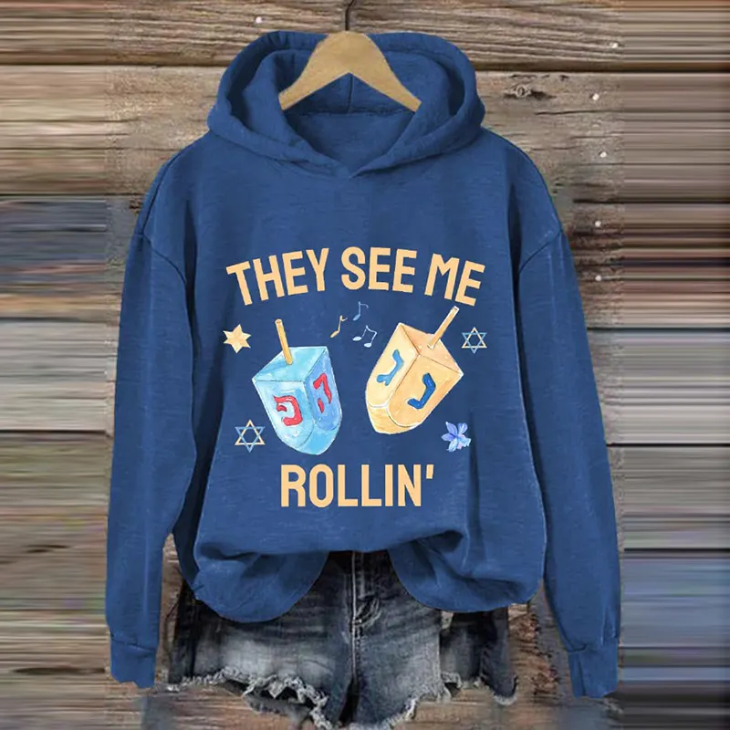 Women's Funny They See Me Rollin Happy Hanukkah Casual Hoodie