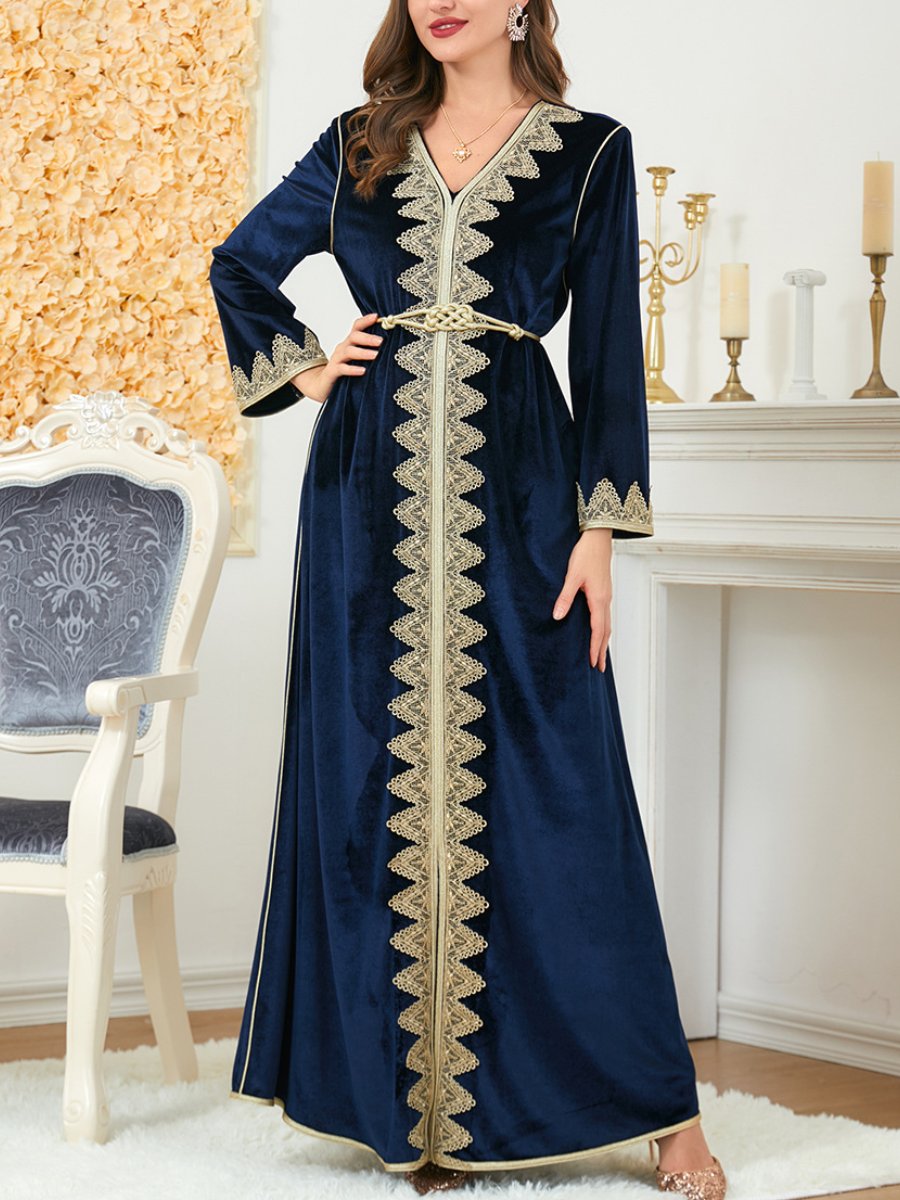 Blue Velvet Embroidery Pattern V Neck Long Sleeve Dress | Oxredo Shop Ramadan Sale