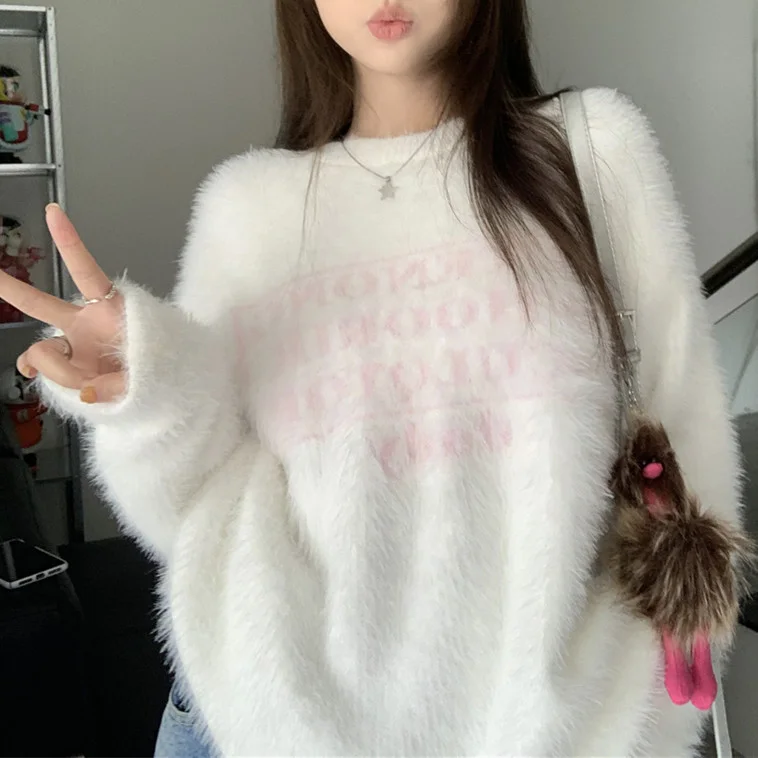 Ueong Waxy Waxy Milk Hula Sweater Female Autumn And Winter New Imitation Mink Velvet Gentle Wind Loose Letter Long-Sleeve Knit Jacket Tide