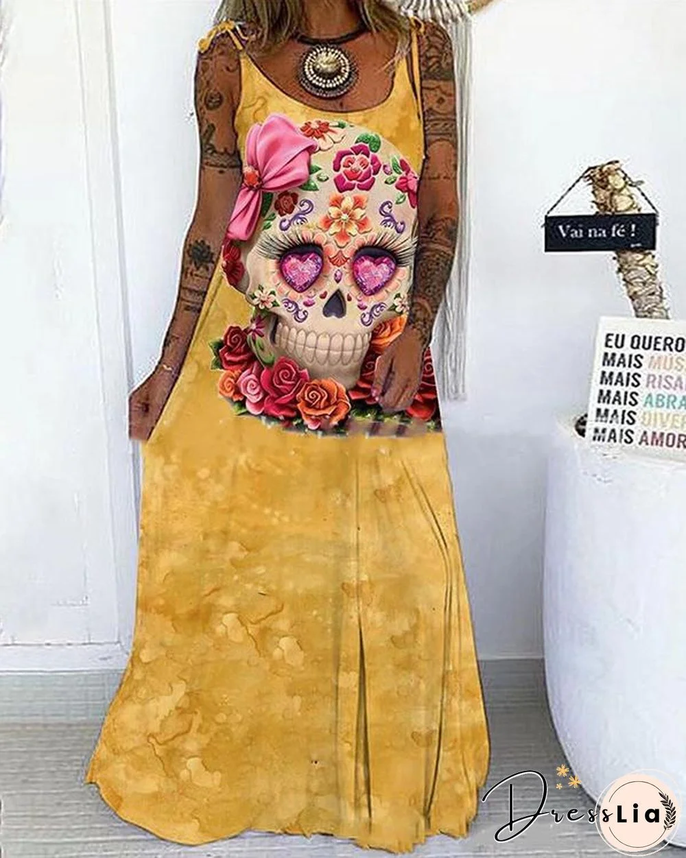 Multiple Color Skull&Rose Print Lace up Spaghetti-Strap Maxi Dress