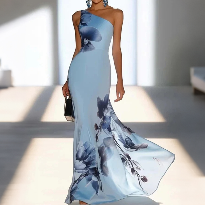 Elegant Floral Design One Shoulder Maxi Dress artswardrobe