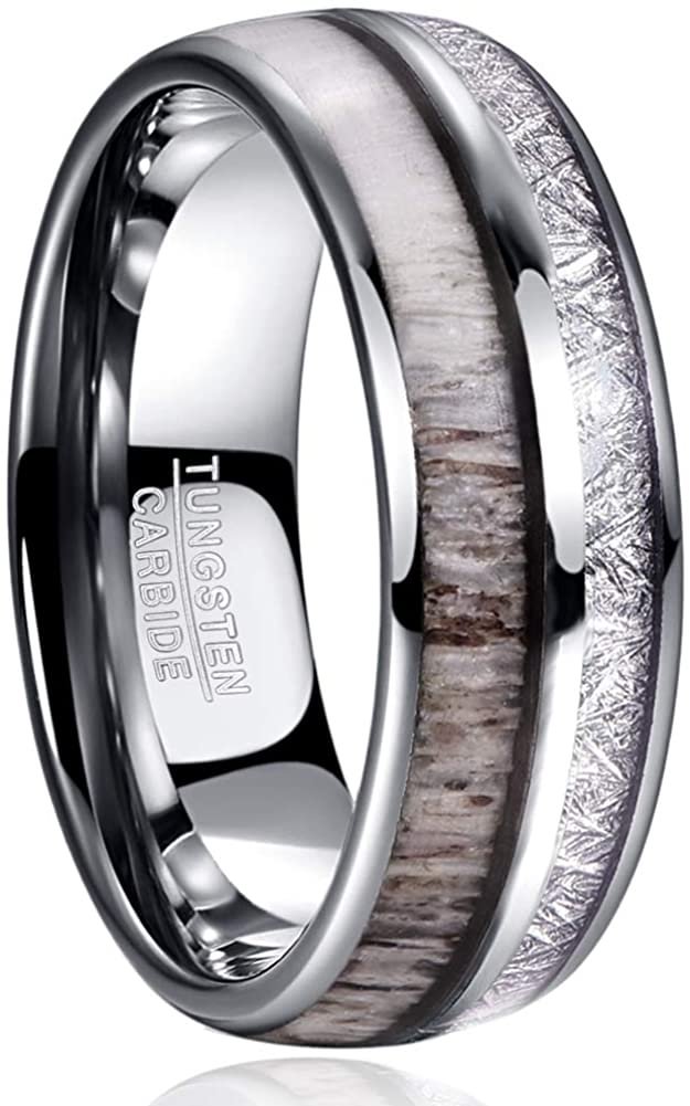 Women Men's Tungsten Carbide Rings Domed Deer Antler Imitated Meteorite Inlaid Comfort Fit Carbon Fiber Couple Wedding Bands Custom