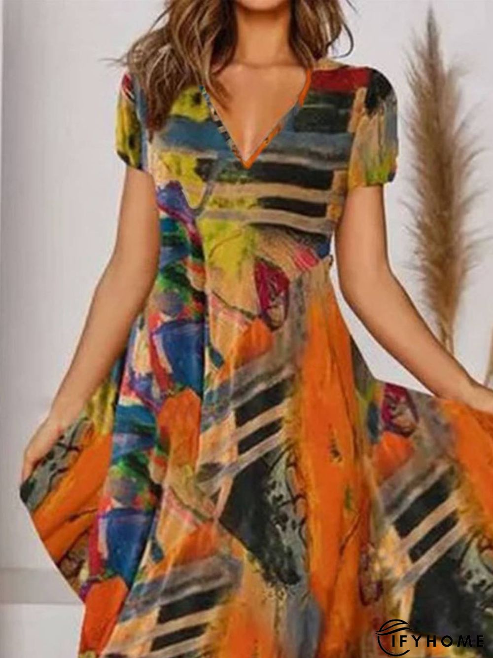 Boho Printed V Neck Floral Weaving Dress | IFYHOME