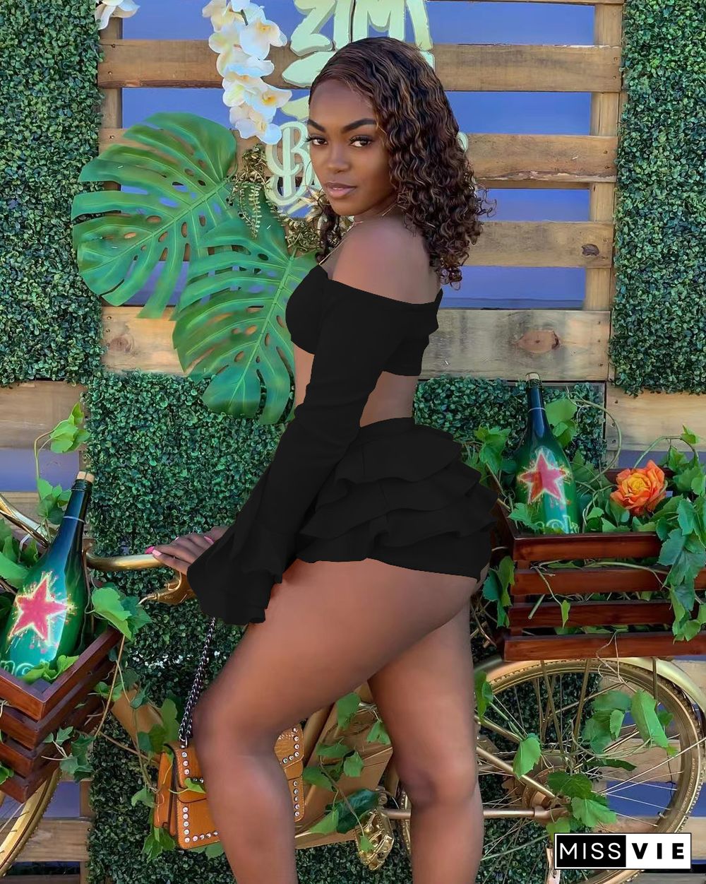 Sexy Off Shoulder Crop Tops Ruffle Mini Skirt Sets
