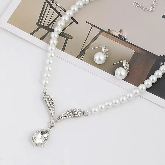 Wedding White Pearl Rhinestone Necklace Earrings Jewelry Set  Flycurvy [product_label]