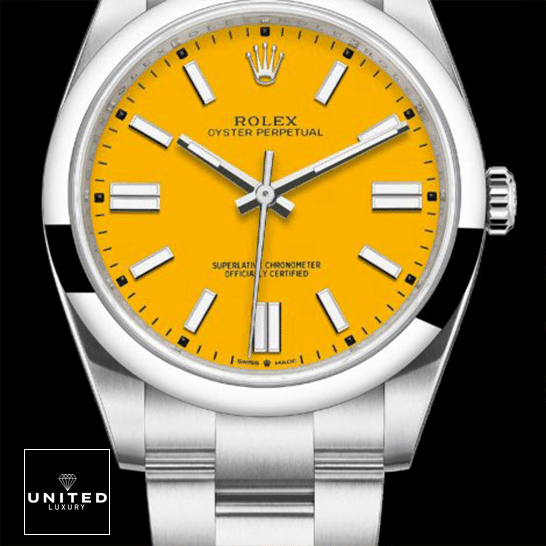 Rolex Perpetual 124300 Yellow Dial Stick indices Replica and Black Background