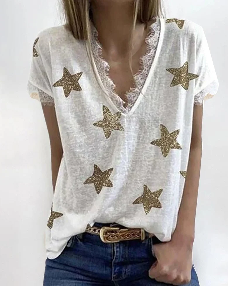 Women's Summer V-neck Lace Loose Print T-shirt