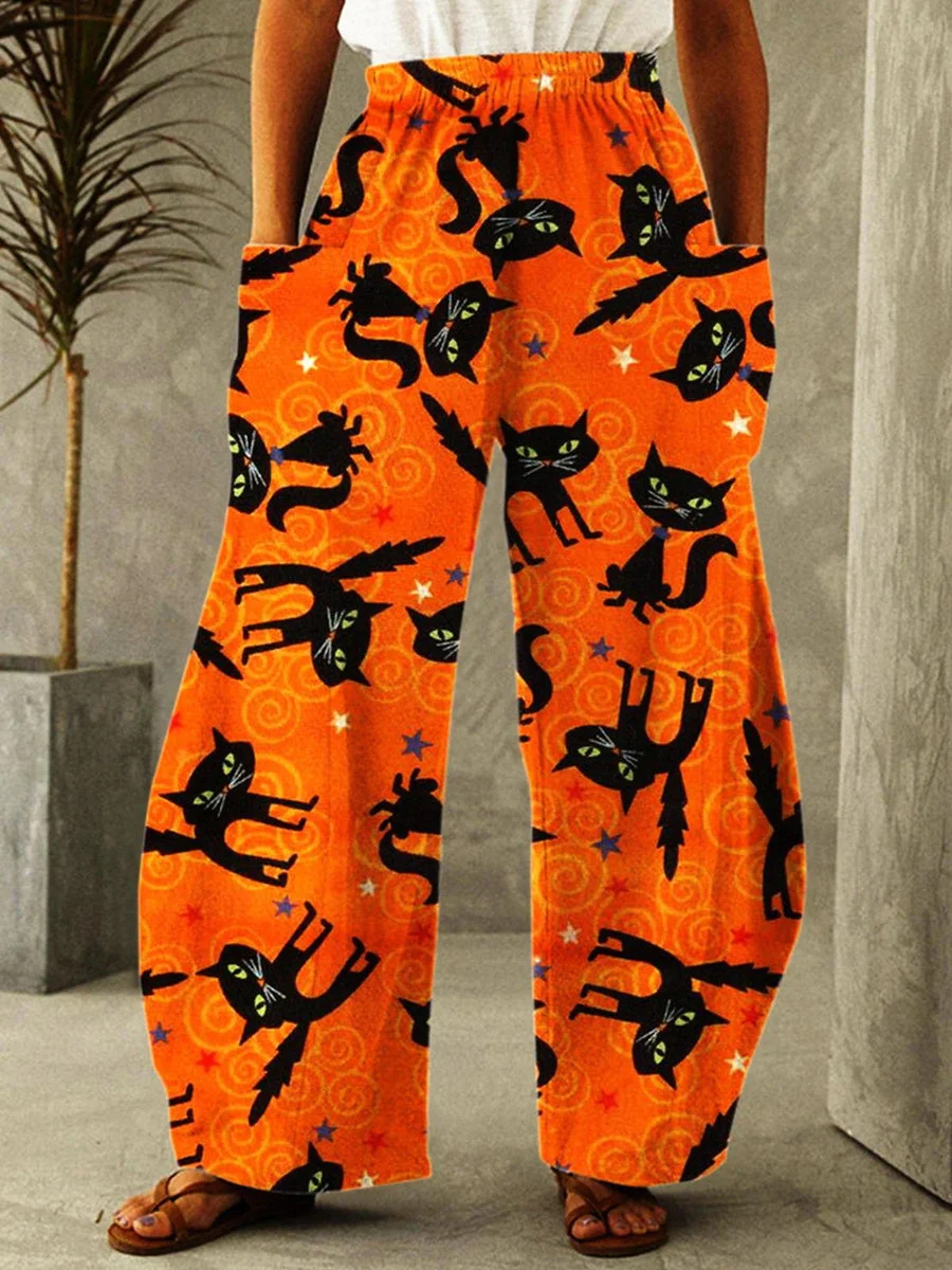 Halloween Black Cat Print Casual Pants