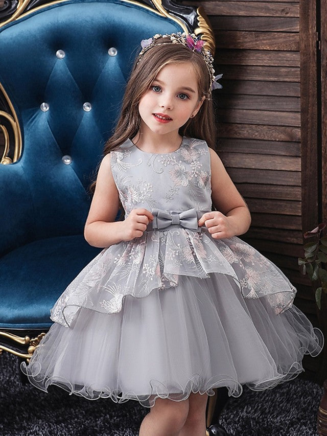 Oknass  Ball Gown Sleeveless Jewel Neck Flower Girl Dress Tulle  With Bow Tier