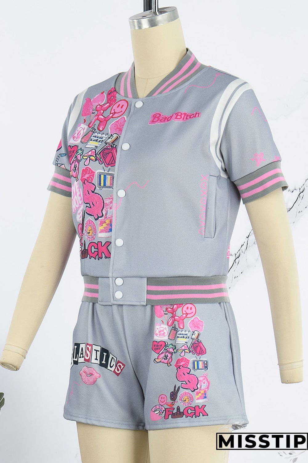 Cream White Casual Street Print Patchwork Buckle Short Sleeve Two Pieces