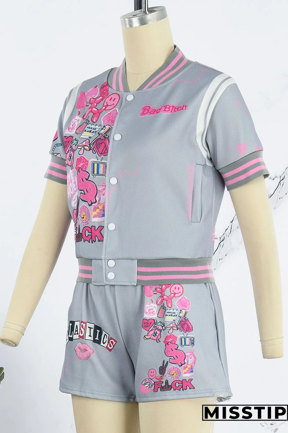 Cream White Casual Street Print Patchwork Buckle Short Sleeve Two Pieces