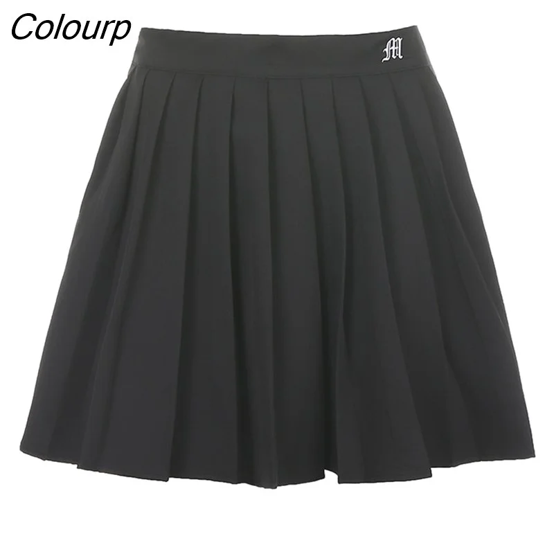 Colourp Preppy Style Casual Letter Embroidered 90s Pleated Skirt Korean Streetwear Fashion High Waist Mini Skirt For Women