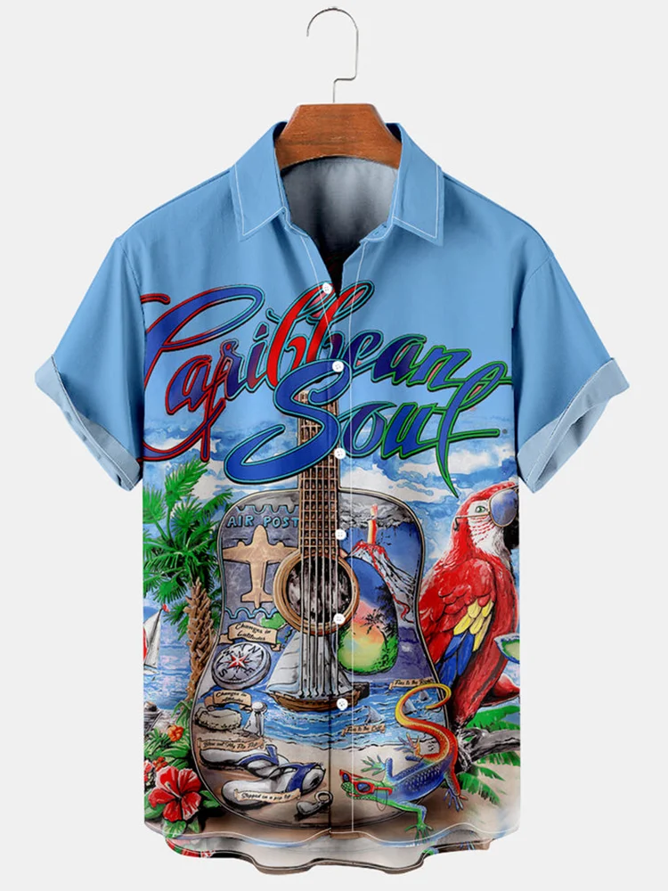 Men's Hawaiian Seaside Guitar Parrot Casual Shirt