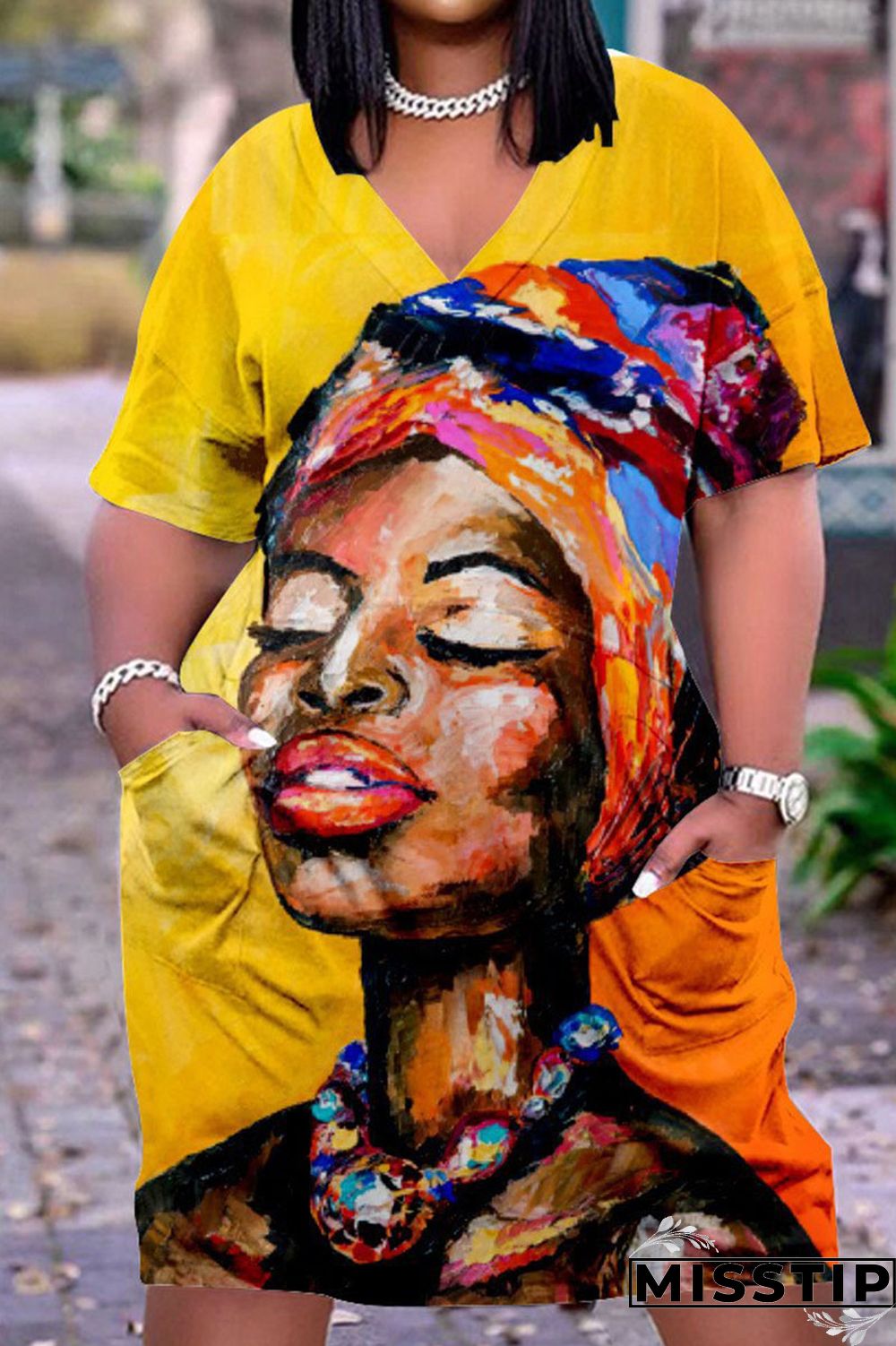 Yellow Brown Casual Street Print Patchwork V Neck Straight Dresses