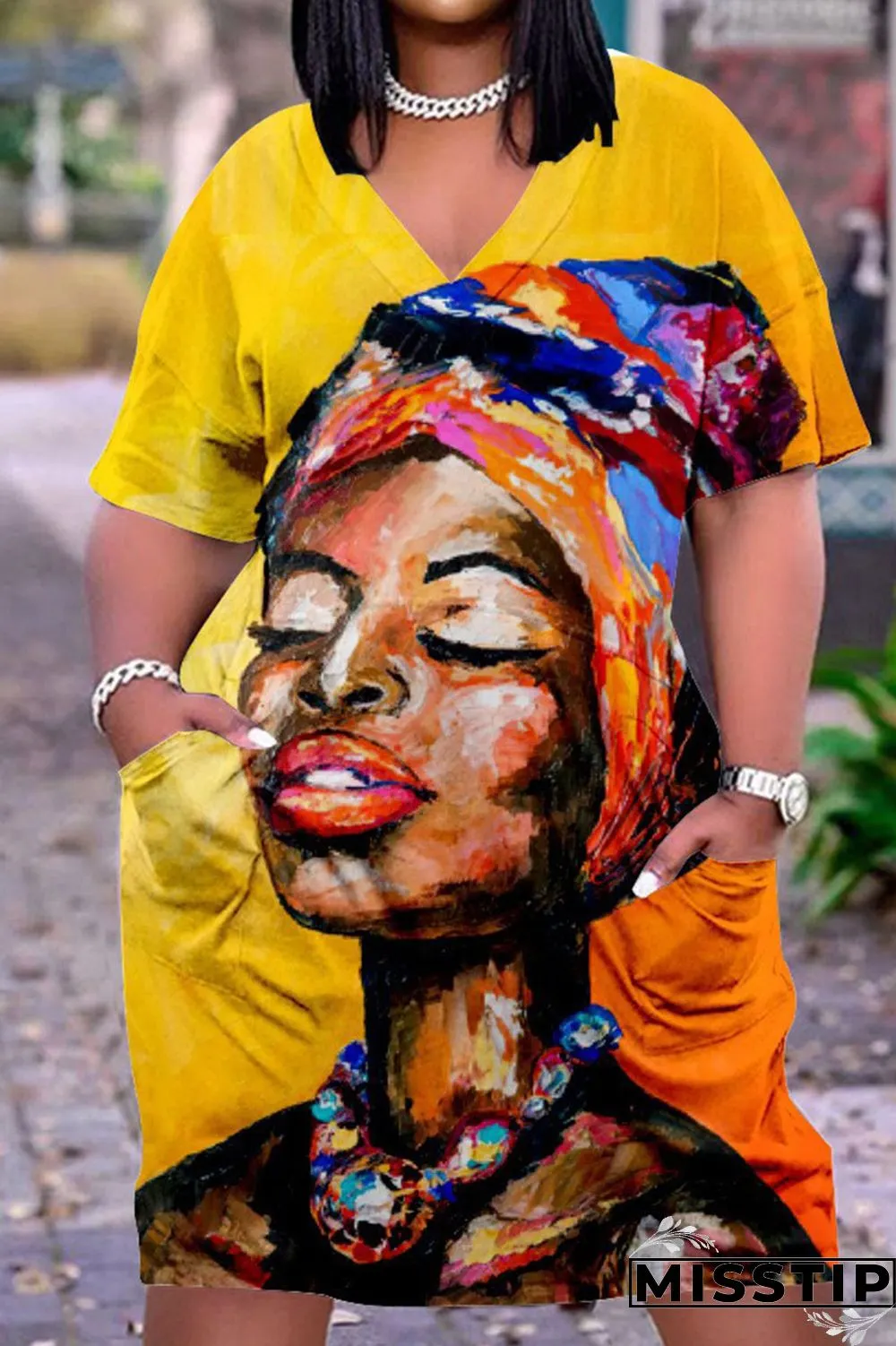 Yellow Brown Casual Street Print Patchwork V Neck Straight Dresses