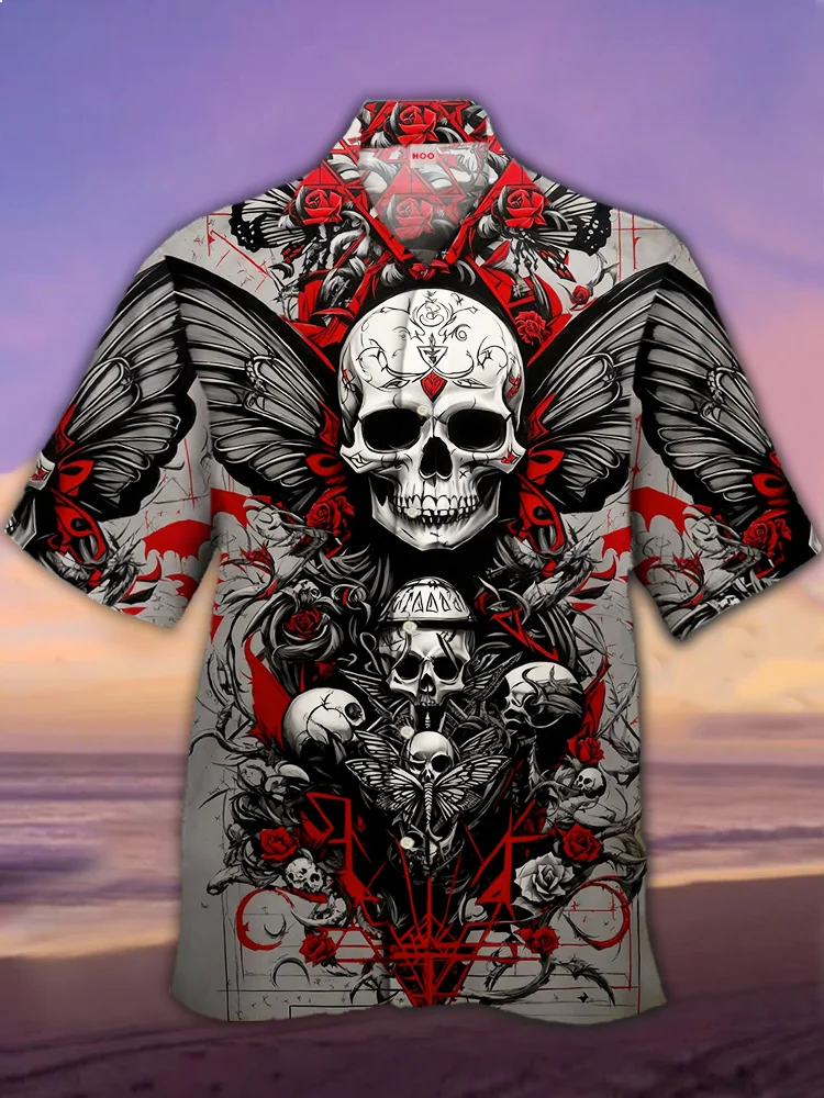 Attractive skull print Cuban collar shirt PLUSCLOTHESMAN