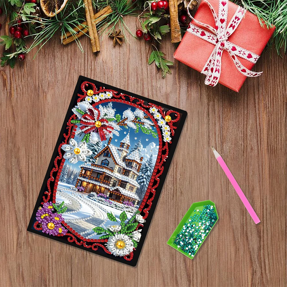Christmas House A5 Size Diamond Painting Notebook Set with 4Pcs Bookmark Gift
