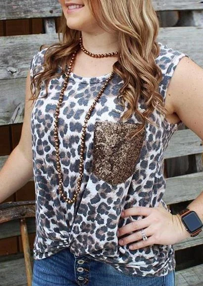Leopard Printed Pocket Tank without Necklace - Leopard