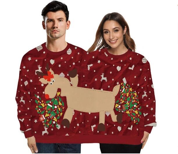 Elk Print Couples Two-piece Double Ugly Christmas Sweaters-VESSFUL