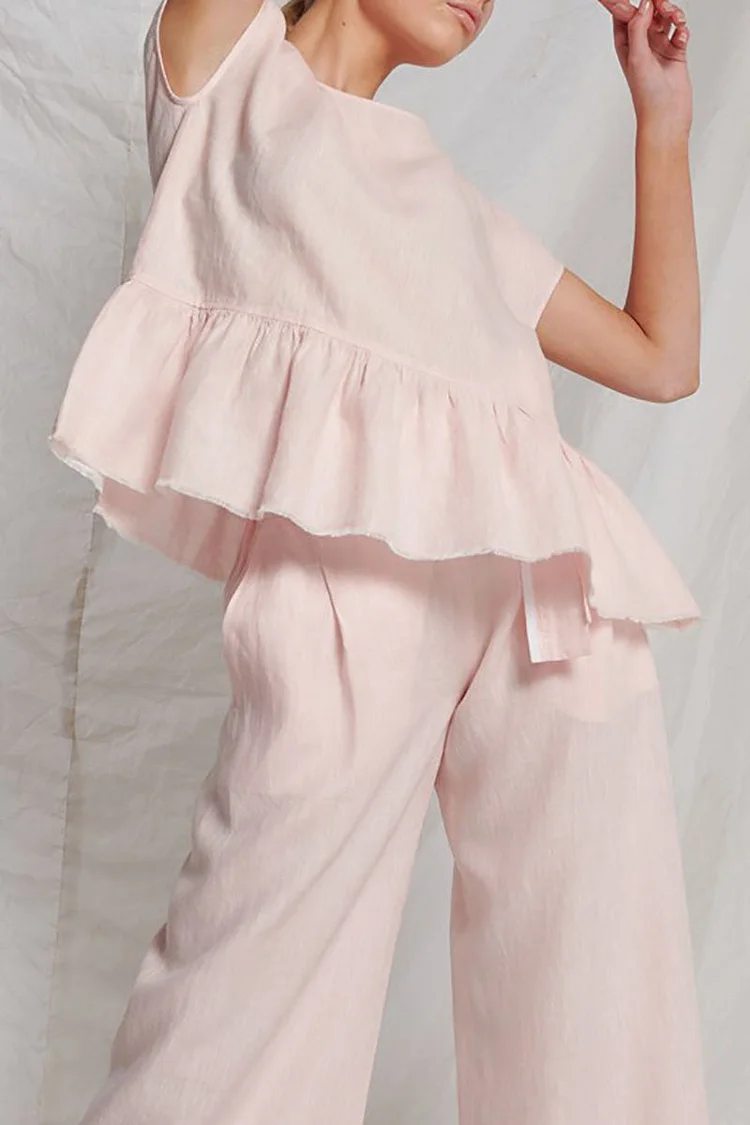 Frill Peplum Lace-Up Back Short Sleeve Linen Pink Top