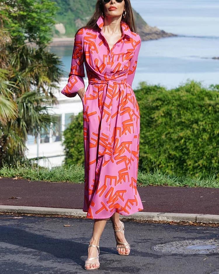 resort print midi shirt dress