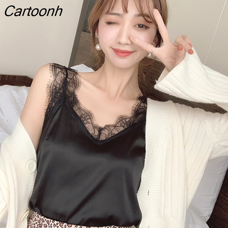 Cartoonh Women's Satin Summer Tops For Women 2022 V Neck Basic Sleeveless Lace Tank Tops Women Summer Female Silk Top White