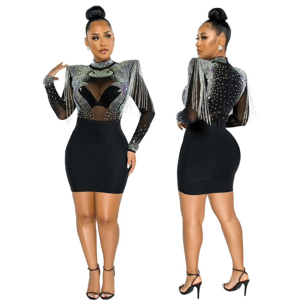 CM.YAYA Women Jumpsuit Solid High Collar Hot Drill Mesh Shoulder Cotton Long Sleeves Long Straight Jumpsuit Sexy Party Outfits