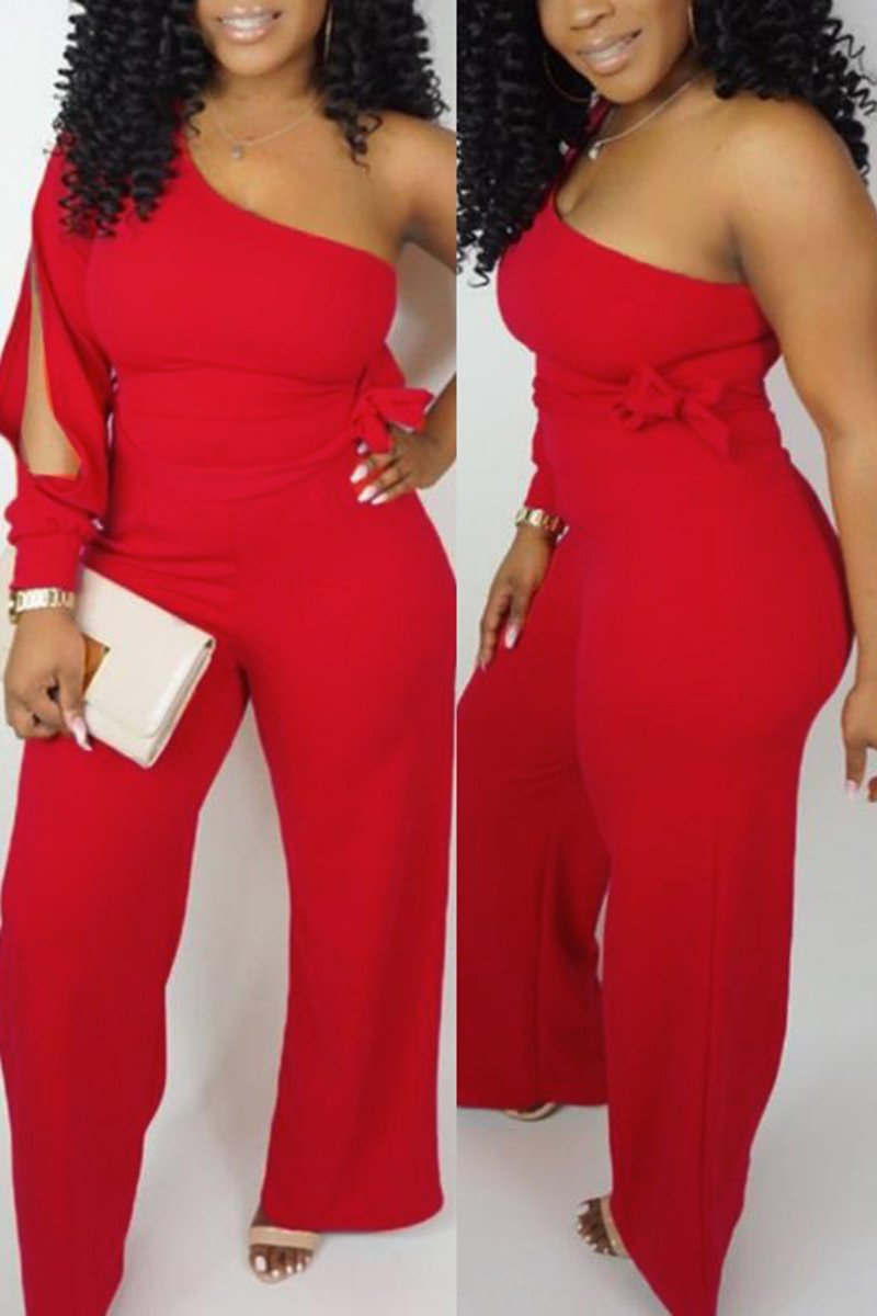 Off One Shoulder Pierced Belted Wide Leg Rompers