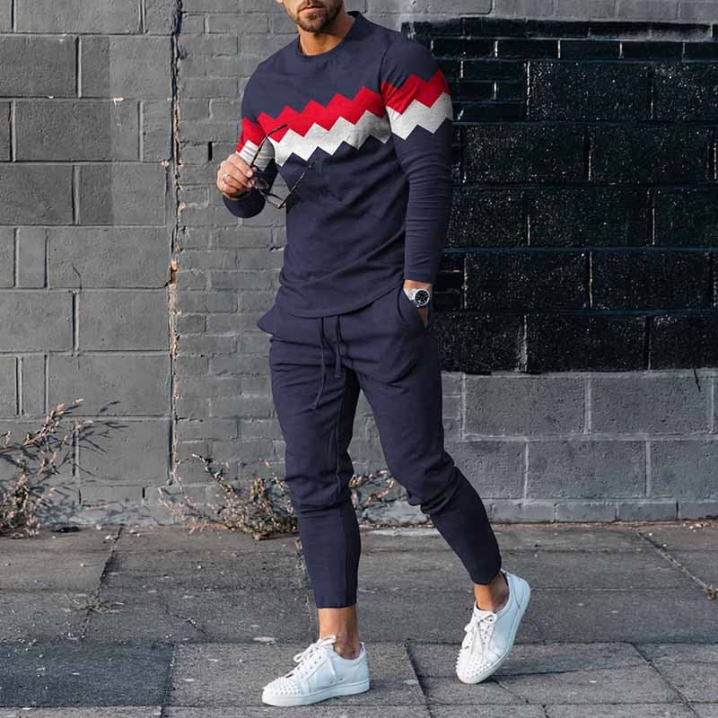 Men'S Contrasting Wavy Stripes Long Sleeve T-Shirt And Pants