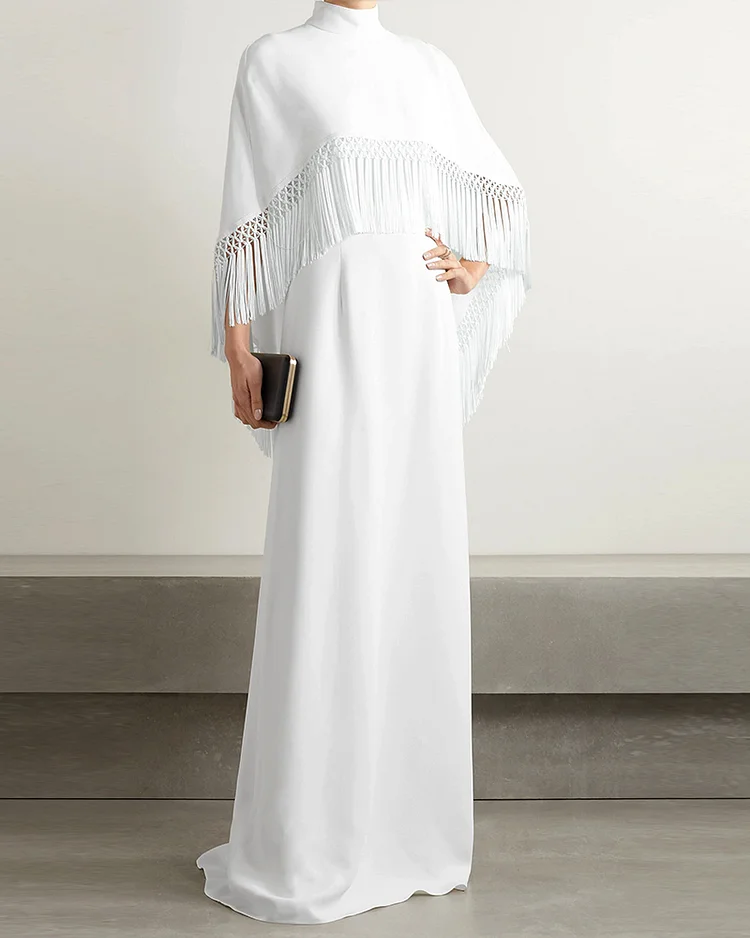 Ladies satin dress with fringed shawl